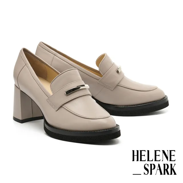 【HELENE_SPARK】復古時尚金屬長釦胎牛皮樂福美型高跟鞋(可可)