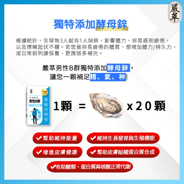 【YEN TSUI 嚴萃】天然酵母男性B群-8種維生素B+鋅+BCAA-5入組/共150粒(升級添加酵母鋅．全素可食)
