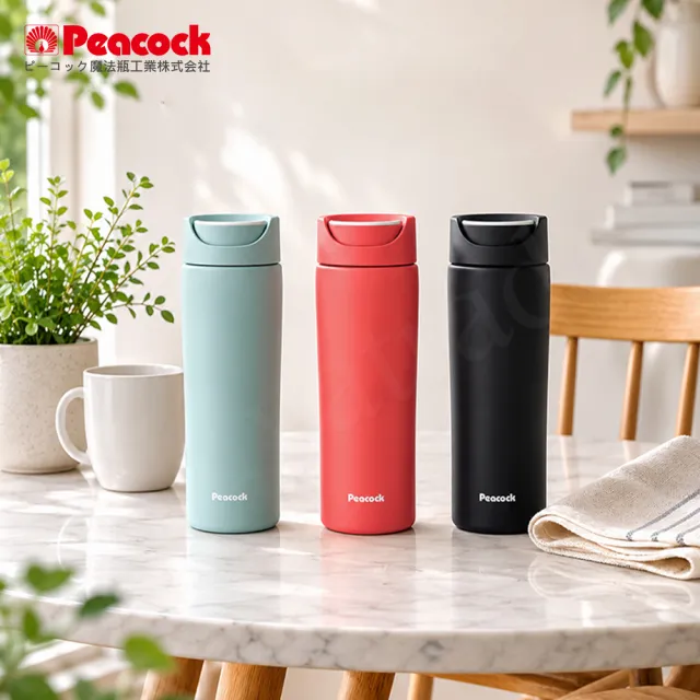 【日本孔雀Peacock】知性隨行 旋轉微笑馬克 不鏽鋼保溫杯-450ml-消光黑(旋蓋即飲設計)(保溫瓶)