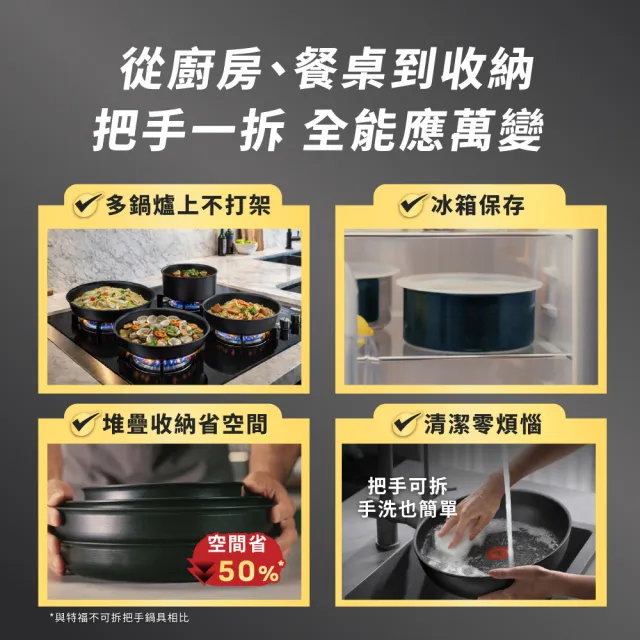 【Tefal 特福】精悍巧變精靈系列不沾鍋3件組-熔岩黑(適用電磁爐)