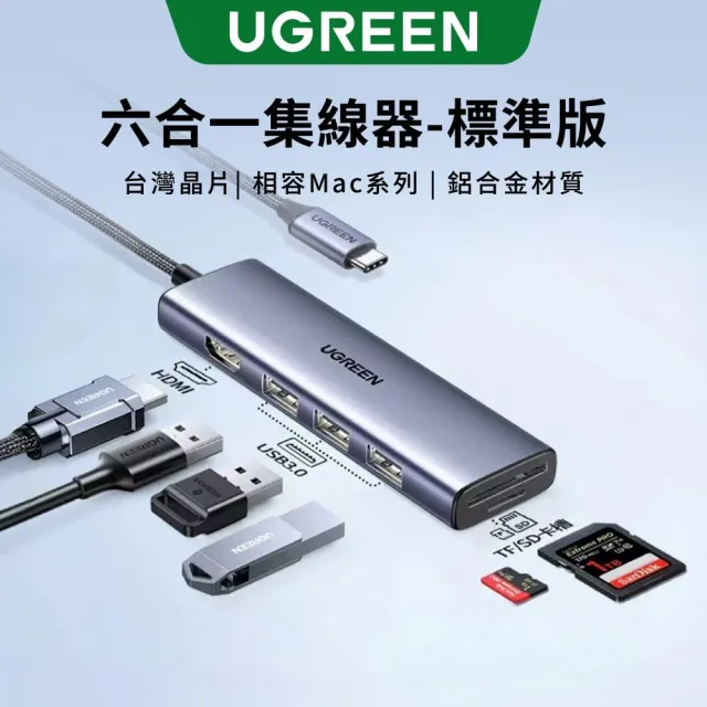 【綠聯】六合一Type-C集線器 標準版(USB3.0*3+HDMI+TF/SD HUB/台灣創惟晶片)
