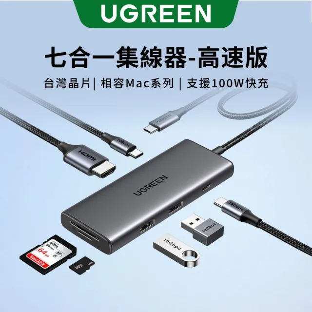 【綠聯】七合一Type-C集線器超高傳輸版(USB3.2*2+Type-C3.2+HDMI+SD/TF+PD100w HUB/臺灣創惟晶片)