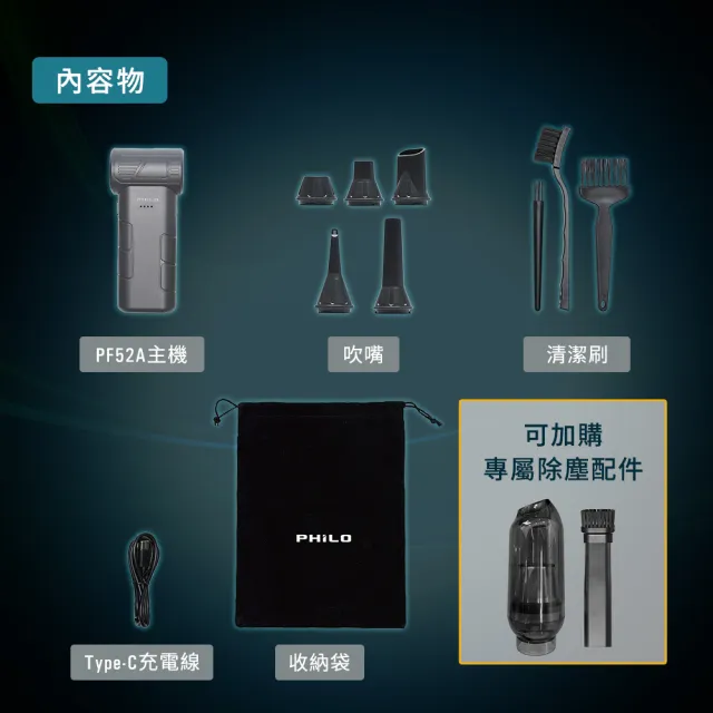 【Philo 飛樂】PF52A 13萬轉 渦輪暴力風槍 贈標準配件 (洗車吹水/露營生火/吹氣機/風槍/吹塵器/鼓風機)