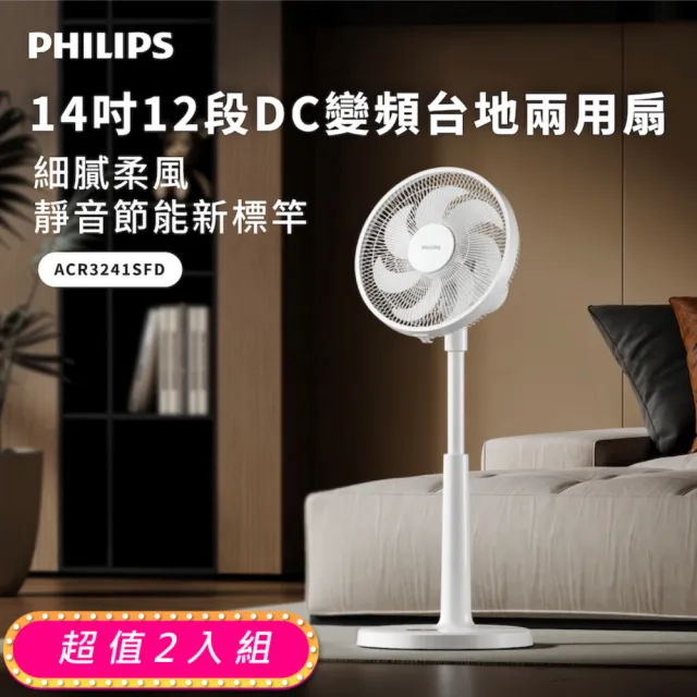 【Philips 飛利浦】超值2入組-14吋 可定時DC智能變頻風扇 7片扇葉設計-檯立兩用(ACR3241SFD)