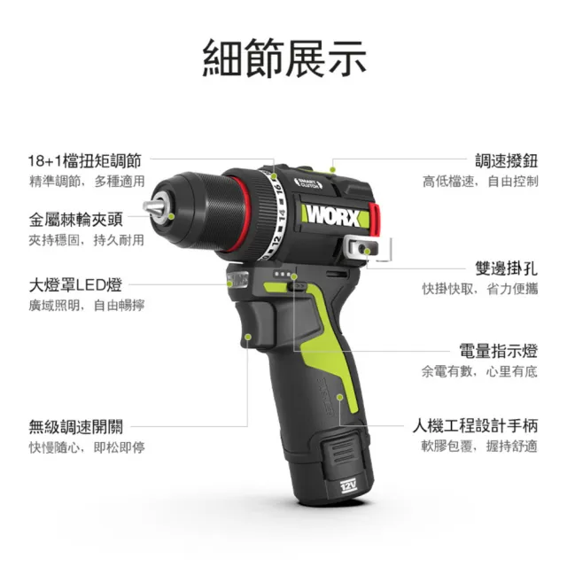 【WORX 威克士】12V 10mm 50 N·m 鋰電無碳雙速電鑽 WU135(電鑽 鋰電 無刷 起子電鑽 無刷夾頭電鑽)