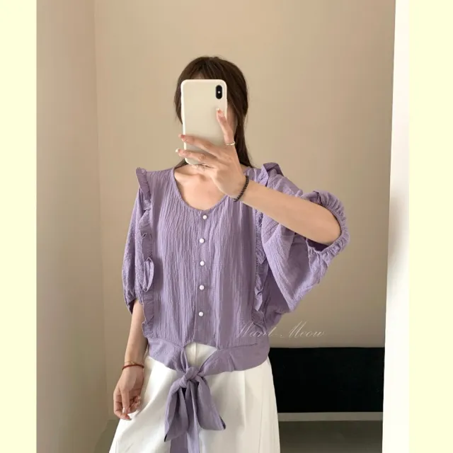 【Want-Meow】90公斤可穿/百搭韓系荷葉邊五分袖下綁帶上衣大學T短袖T(大碼上衣/大碼/大尺碼/短袖上衣)