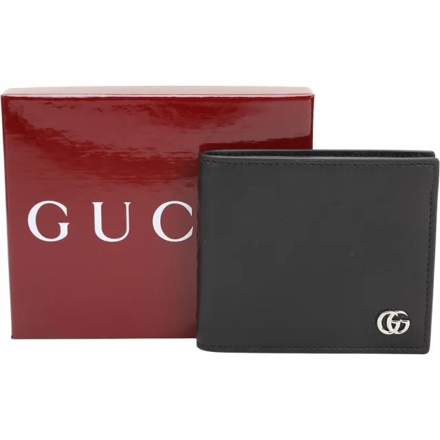 【GUCCI 古馳】GG MARMONT 光滑小牛皮8卡對開短夾(黑色)(皮夾 錢包)