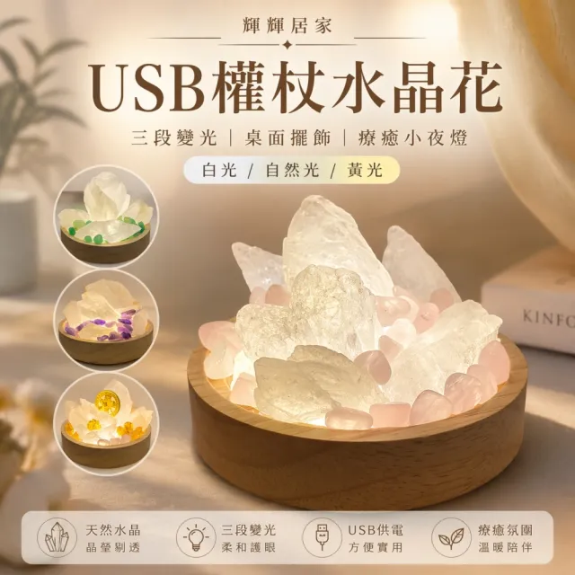 【瑰麗寶】USB水晶花小夜燈 三色變光