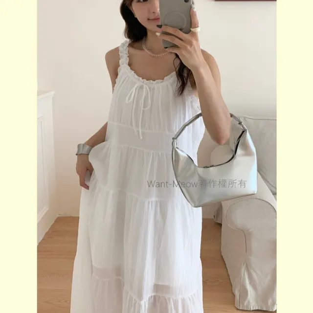 【Want-Meow】80公斤可穿/氣質荷葉吊帶裙蛋糕裙擺連身長洋長裙(大碼/大尺碼/加大碼/孕婦裝/度假風/洋裝)