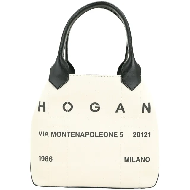 【HOGAN】Script 中型 字母地址標示帆布拼接牛皮手提/肩背托特包(米白)(帆布包 義大利精品)