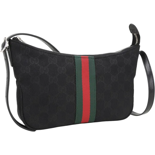 【GUCCI 古馳】Lunetta 小款 綠紅綠織帶老花帆布手提 肩斜背包(黑色)(月牙包 帆布包 側背)