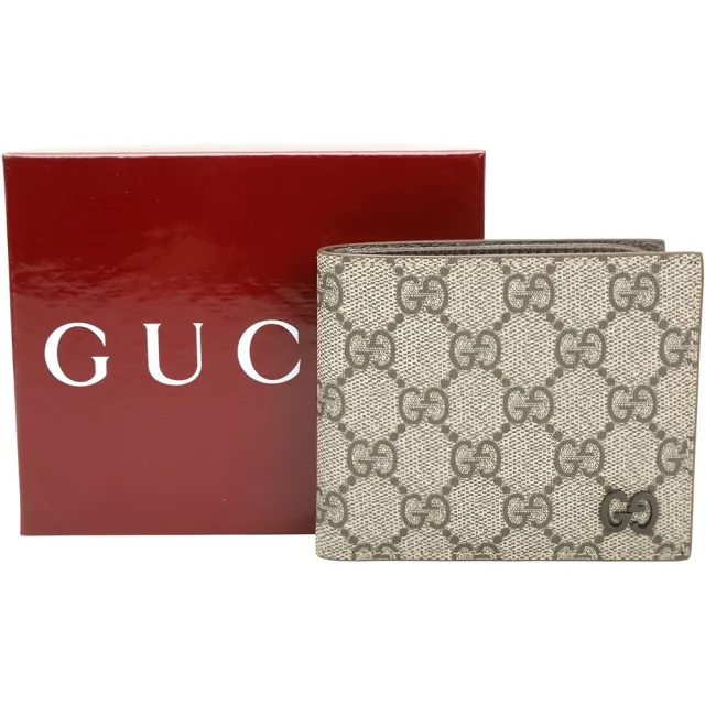 【GUCCI 古馳】GG Supreme 老花帆布對折短夾(烏木色)(皮夾 錢包 皮件)
