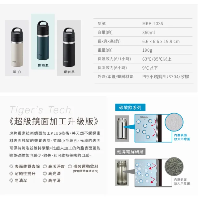【TIGER 虎牌】手提輕量旋蓋雙層不鏽鋼保溫瓶360ml(MKB-T036保溫杯/保冰杯)