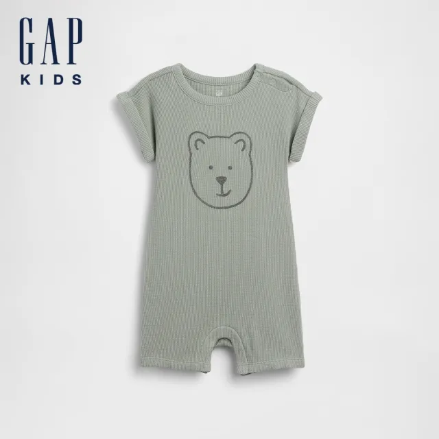 【GAP】嬰兒布萊納小熊短版連身衣-鼠尾草綠(898613)