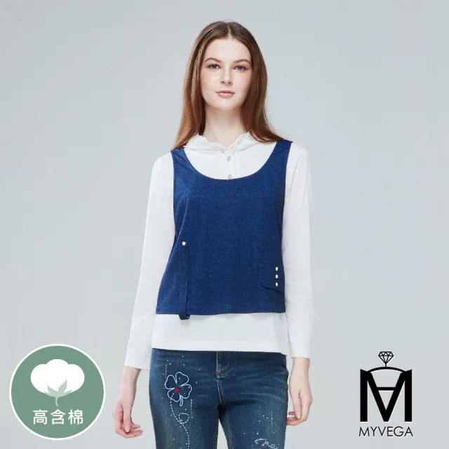 【MYVEGA 麥雪爾】MA高含棉真兩件式蕾絲邊連帽上衣-牛仔藍(日系/丹寧/套裝/女上衣/帽T)
