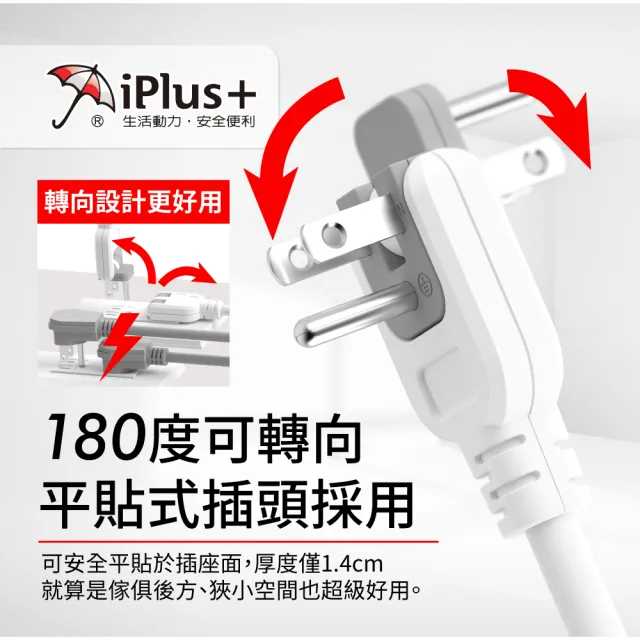 【iPlus+ 保護傘】5開4插3P防塵抗雷擊旋轉插頭延長線1.8M(PU-3547S 斜面開關.台灣製.防火)