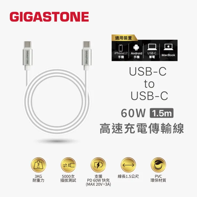 【Gigastone 立達國際】20W雙孔急速快充充電器 + Type-C to C 60W充電線組合(iPhone 15以上/安卓手機適用)