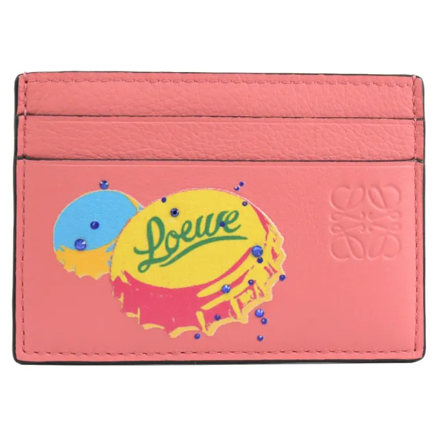 【LOEWE 羅威】經典徽章LOGO水鑽裝飾印花信用卡名片隨身卡夾(粉)