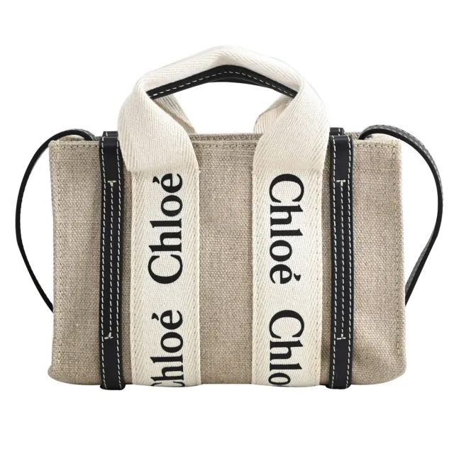 【Chloe’ 蔻依】Woody Mini 經典品牌LOGO織帶個性帆布小手提包兩用包(深藍邊)