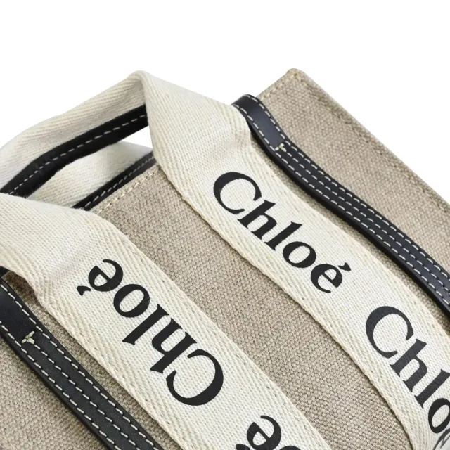 【Chloe’ 蔻依】Woody Mini 經典品牌LOGO織帶個性帆布小手提包兩用包(深藍邊)