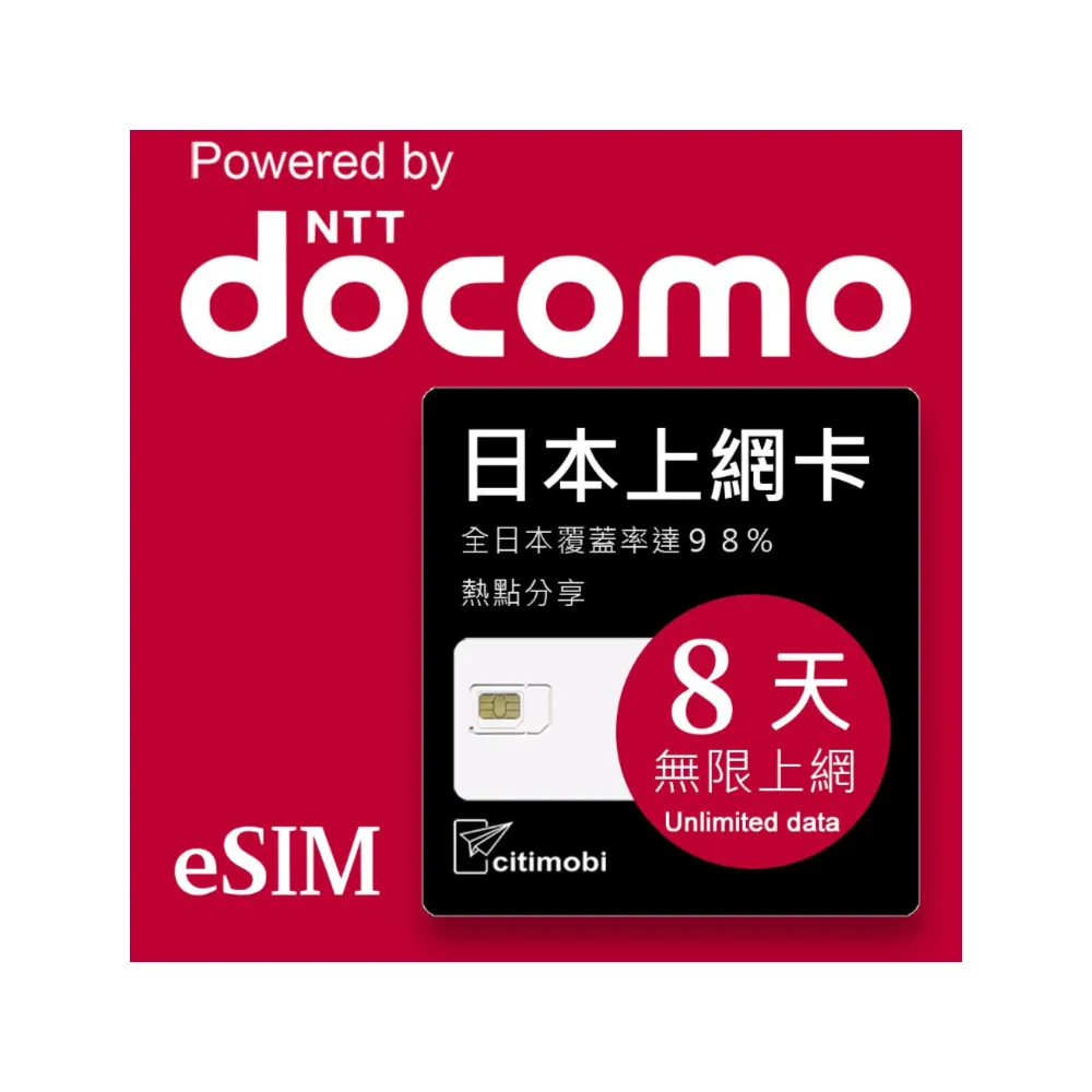 【citimobi】eSIM日本DOCOMO 8天吃到飽不降速(日本網卡 吃到飽 不降速 日本 網卡 沖繩 大阪 北海道 eSIM)
