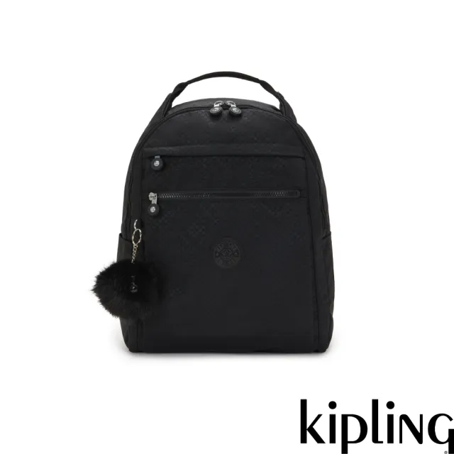 【KIPLING】黑色幾何印花多袋實用後背包-MICAH 女包