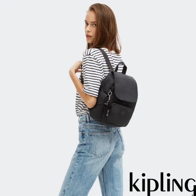 【KIPLING】『猴子包』曜岩黑品牌經典圓標拉鍊掀蓋後背包-CITY PACK MINI 女包