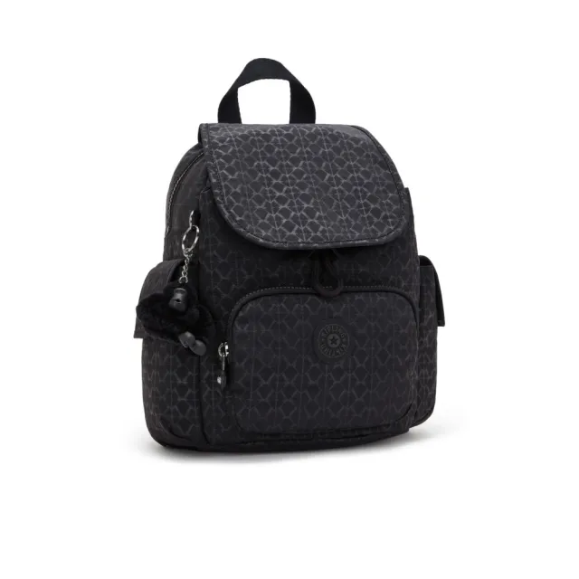 【KIPLING】『猴子包』經典黑菱格紋印花拉鍊掀蓋後背包-CITY PACK MINI 女包