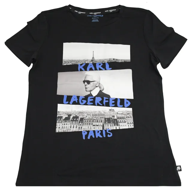 【KARL LAGERFELD 卡爾】品牌英文老佛爺潮流風格棉質個性短T恤(黑)