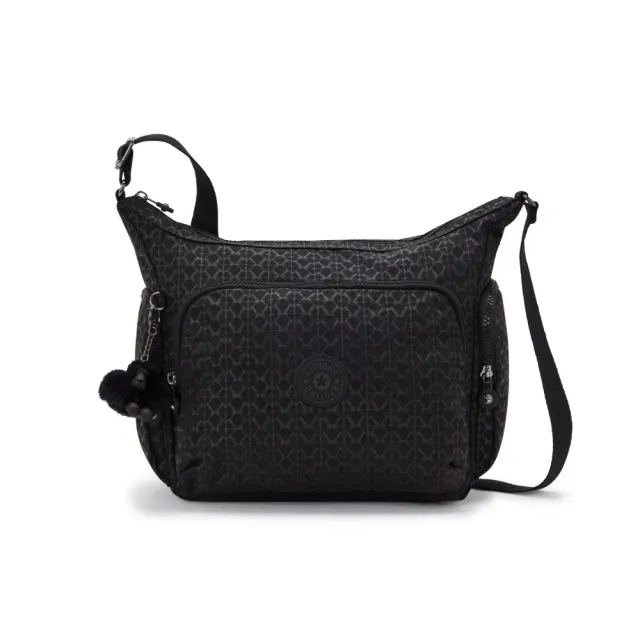 【KIPLING】『牛角包』經典黑菱格紋印花多袋實用側背包-GABB