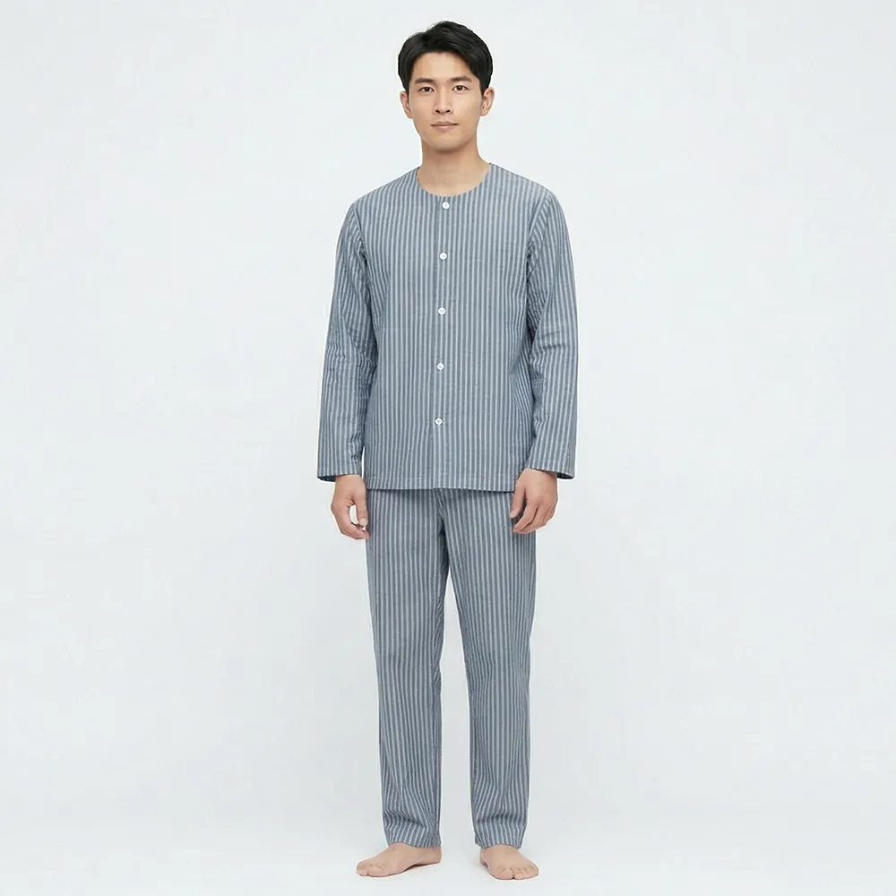 【B+ 大尺碼專家】(上衣+長褲) 護理服 男款 易穿脫 黏貼式 全開 秋冬 全棉 長袖 套裝 (A020101)