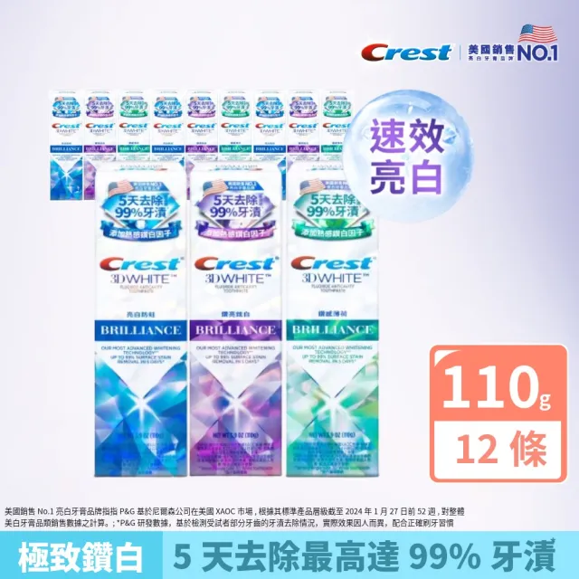 【Crest】好評囤貨組-極致鑽白 美白牙膏110g 12入．牙齒美白(鑽亮炫白/鑽感薄荷/亮白防蛀)