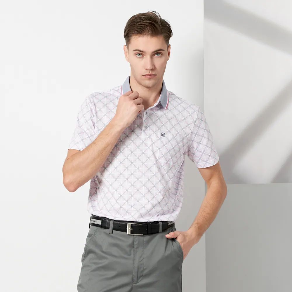 【pierre cardin 皮爾卡登】休閒服飾 男款 點點方格印花短袖POLO衫-粉色(5237252-75)