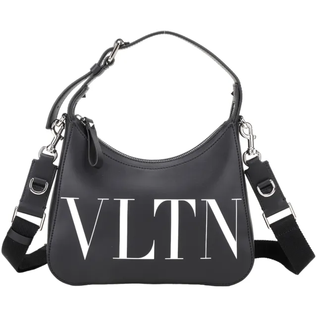 【VALENTINO 范倫鐵諾】Rockstud VLTN 字母小牛皮斜 肩背腋下包(黑色)