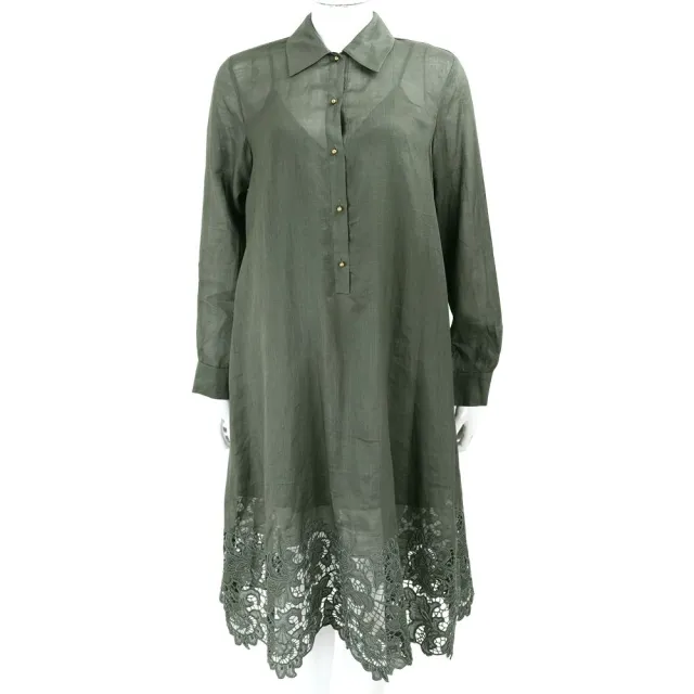 【MaxMara】STUDIO MSTMELA 蕾絲裙擺 綠色苧麻襯衫式洋裝 連身裙(附內裡 義大利精品時裝)