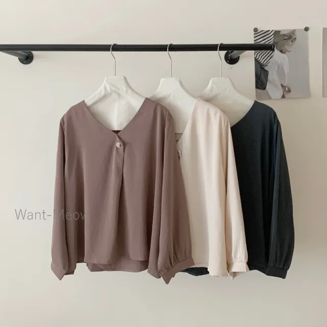 【Want-Meow】90公斤可穿/韓系氣質質感金扣V領襯衫上衣長袖T恤(大碼/大尺碼/加大碼/長袖上衣)