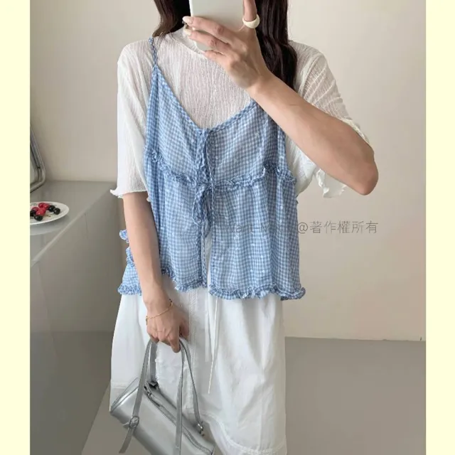 【Want-Meow】90公斤可穿/大胸可日系多層次穿搭格紋小花綁帶背心(大碼上衣/大碼/大尺碼/綁帶背心)