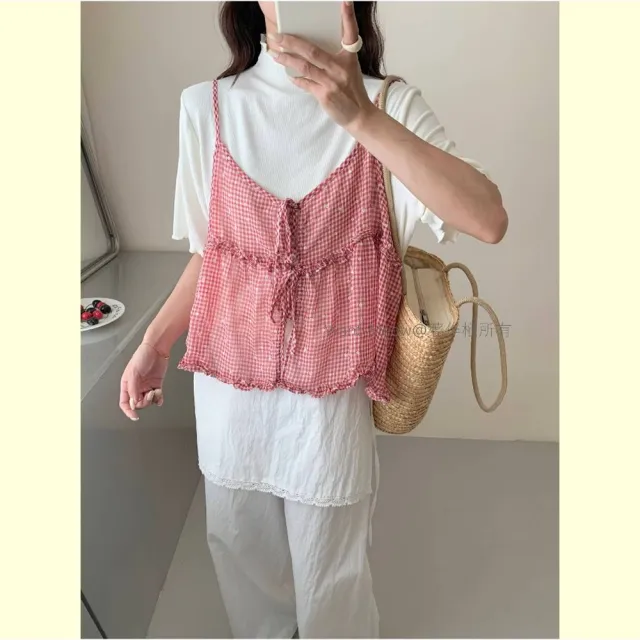 【Want-Meow】90公斤可穿/大胸可日系多層次穿搭格紋小花綁帶背心(大碼上衣/大碼/大尺碼/綁帶背心)
