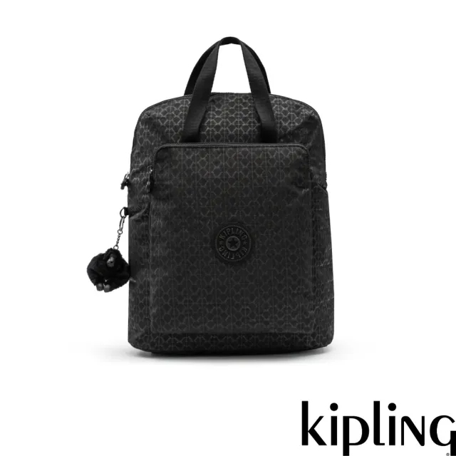 【KIPLING】經典黑菱格紋印花手提後背電腦公事包-KAZUKI 女包