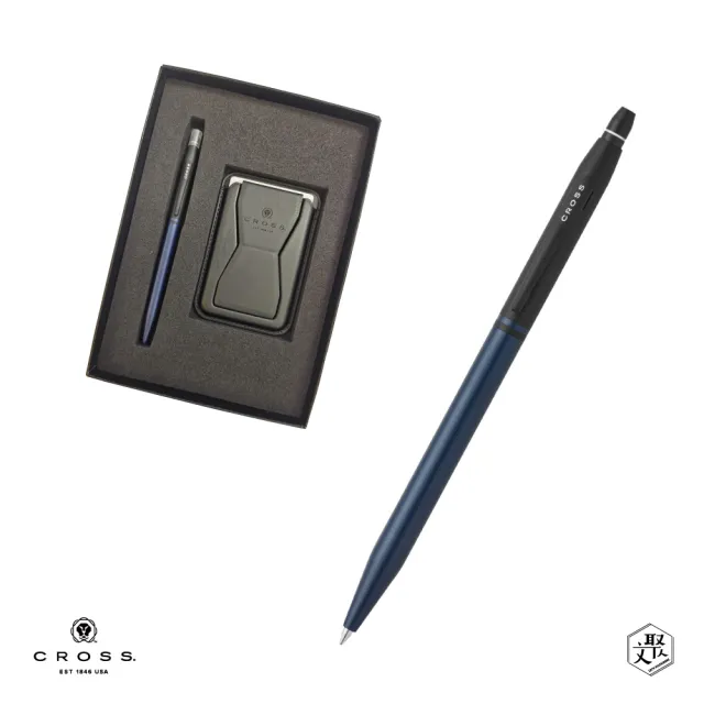 【CROSS】立卡禮服系列緞藍黑金屬原子筆+磁吸手機夾禮盒 客製化刻字(原廠正貨)