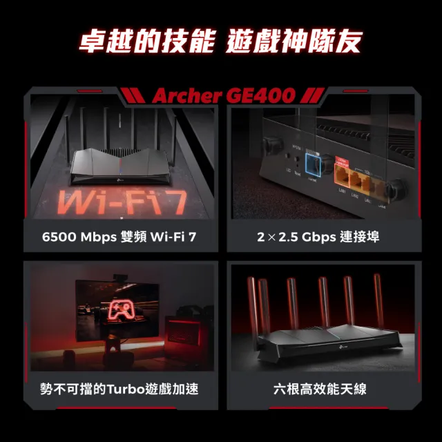 【TP-Link】WiFi 7 BE6500 雙頻 2.5G 電競 無線路由器 分享器(支援EasyMesh/遊戲加速/Archer GE400)