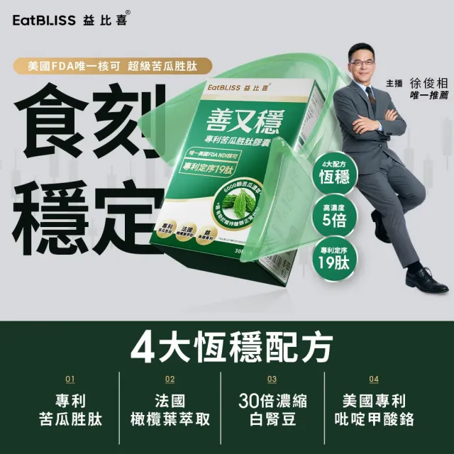 【EatBLISS 益比喜】善又穩專利苦瓜胜肽膠囊30入/盒(專利定序19肽5倍濃度 維持醣類正常代謝 橄欖葉萃取 鉻)