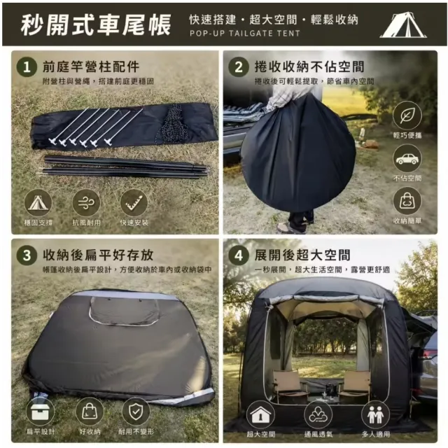 【May Shop】速開式車尾帳 SUV休旅車尾帳篷 多功能獨立客廳帳 防蚊透氣車泊帳 附前庭營柱收納袋