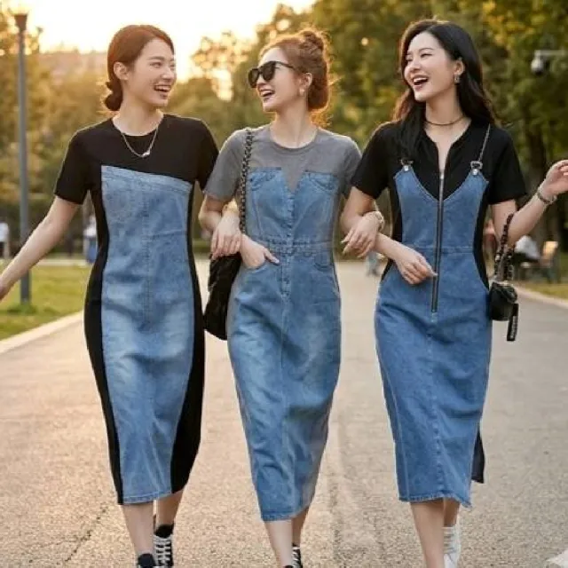 【米蘭精品】現貨限搶 連身裙短袖洋裝(牛仔拼接收腰中長款女裙子4款74km53)