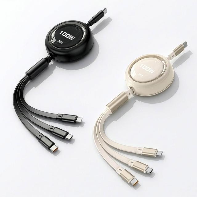 【AMA】100W 三合一伸縮快充線 Type-C Lightning Micro USB 黑色 米白