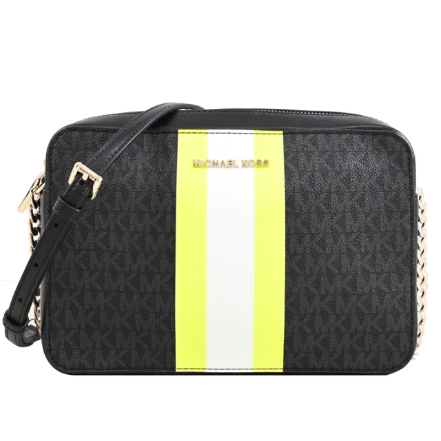 【Michael Kors】經典滿版MK LOGO條紋拼接方包斜背包(黑灰)