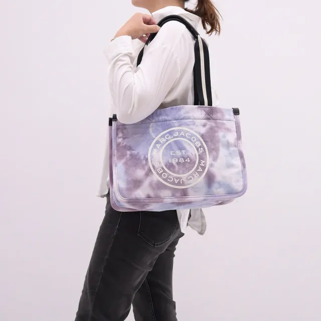【MARC JACOBS】復古圓標LOGO渲染帆布肩背大托特包購物包(紫灰)