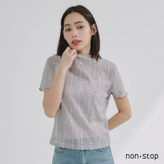 【non-stop】立領透膚燒花T恤-3色