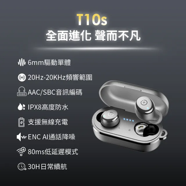 【TOZO】新升級!T10S降噪運動立體聲真無線AI智慧藍牙耳機(超值2入組)