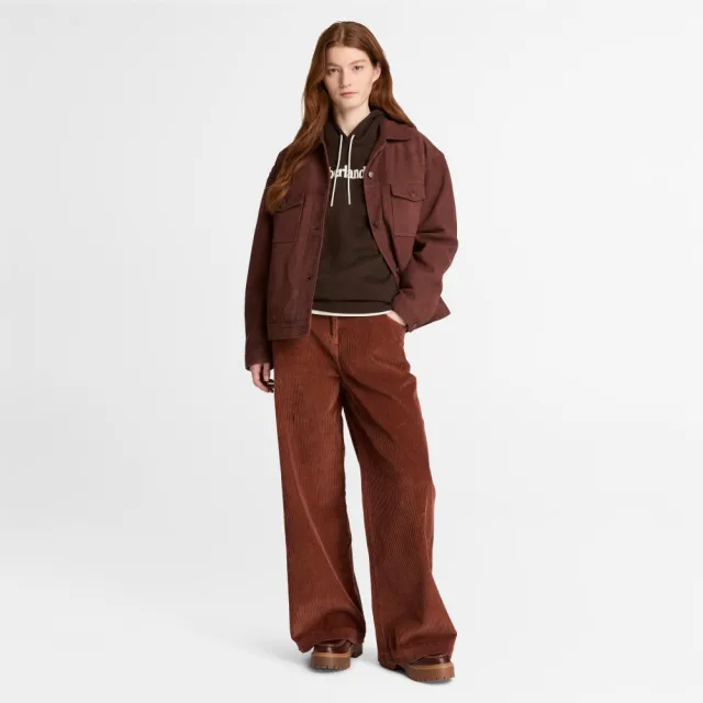 【Timberland】女款深棕色寬版LOGO連帽上衣(0YHCBC35)